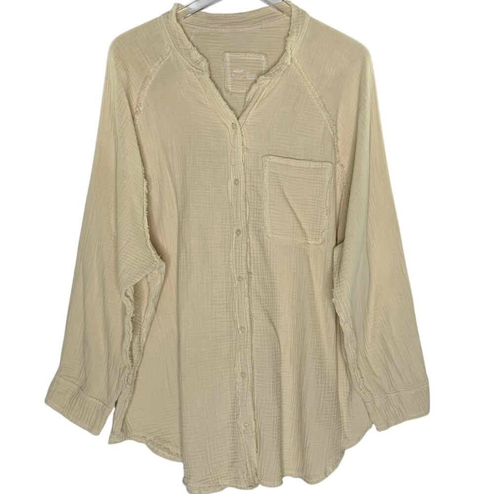 Aerie Gauzy Coverup Shirt L Oversized Button Front Textured Pool to Party Beige - Picture 1 of 10